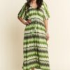 Multi Color Wavy Tie Waist Flowy Sleeve Dress - Sage Multi