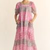 Multi Floral Square Neck Puff Sleeve Maxi Dress - Indian Pink