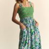 Multi Smocked Bodice Geo Ruffle Strappy Midi Dress - Hunter Green