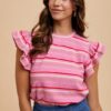 Multi Stripe Ruffle Sleeve Textured Knit Top - Pink