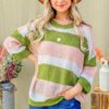Multi Striped Mesh Pullover Spring Sweater - Olive