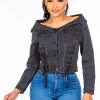 Off Shoulder Lace Up Denim Jacket - Black