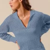 Open Knit Polo Sweater Top - Denim
