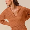 Open Knit Polo Sweater Top - Rust