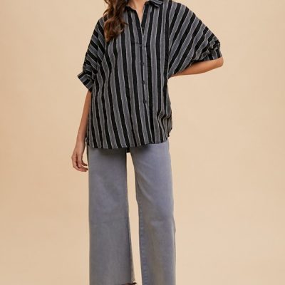 Oversized Drop Shoulder Striped Woven Shirt - Black Multi