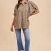 Oversized Drop Shoulder Striped Woven Shirt - Camel Multi