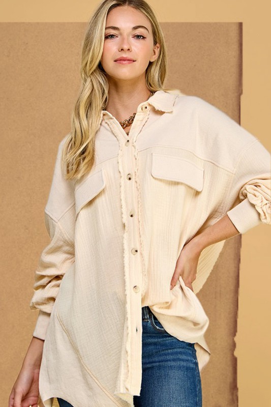 Oversized-Mineral-Wash-Cotton-Gauze-Shacket-Sand Oversized Mineral Wash Cotton Gauze Shacket - Sand