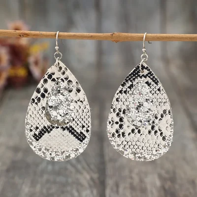 PU Leather Sequin Teardrop Earrings - Silver