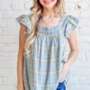 Plaid Print Smocked Detail Ruffle Baby Doll Top - Blue