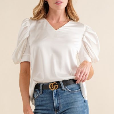Plain Satin Puff Shirring V Neck Blouse Top - White