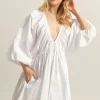Plunge Balloon Sleeve Poplin Mini Dress with Pockets - White