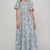Printed Notched Woven Tiered Pintuck Maxi Dress with Side Pockets - Air Force Blue