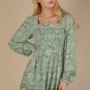 Printed Smocked Chest Boho Mini Dress - Green