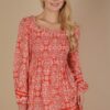 Printed Smocked Chest Boho Mini Dress - Rust