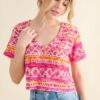 Printed V Neck Cropped T-Shirt - Coral