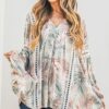 Printed with Lace Trim Casual Tunic Top - Sage