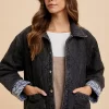 Quilted Printed Lining Snap Down Denim Jacket - Black
