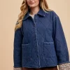 Quilted Printed Lining Snap Down Denim Jacket - Dark Blue