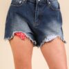 Raw Hem Pocketed Contrast Washed Denim Shorts - Denim