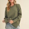 Ribbed Hem Side Slit Round Neck Sweater - Olive