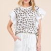 Ribbed Leopard Print Ruffle Detail Sleeveless Top - White Combo