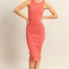 Ribbed Round Neck Sleeveless Knit Midi Dress - Coral