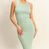 Ribbed Round Neck Sleeveless Knit Midi Dress -  Gum Leaf