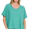 Ribbed V-Neck Short-Sleeve Knit Top - Lt Teal
