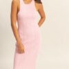 Round Neck Bodycon Ribbed Knit Dress - Soft Pink