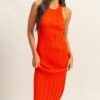Round Neck Bodycon Ribbed Knit Dress - Tomato
