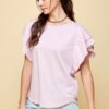 Round Neck Double Ruffle Cap Sleeve Top - Dusty Pink