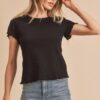 Round Neck Lettuce Hem Short Sleeve T-Shirt - Black