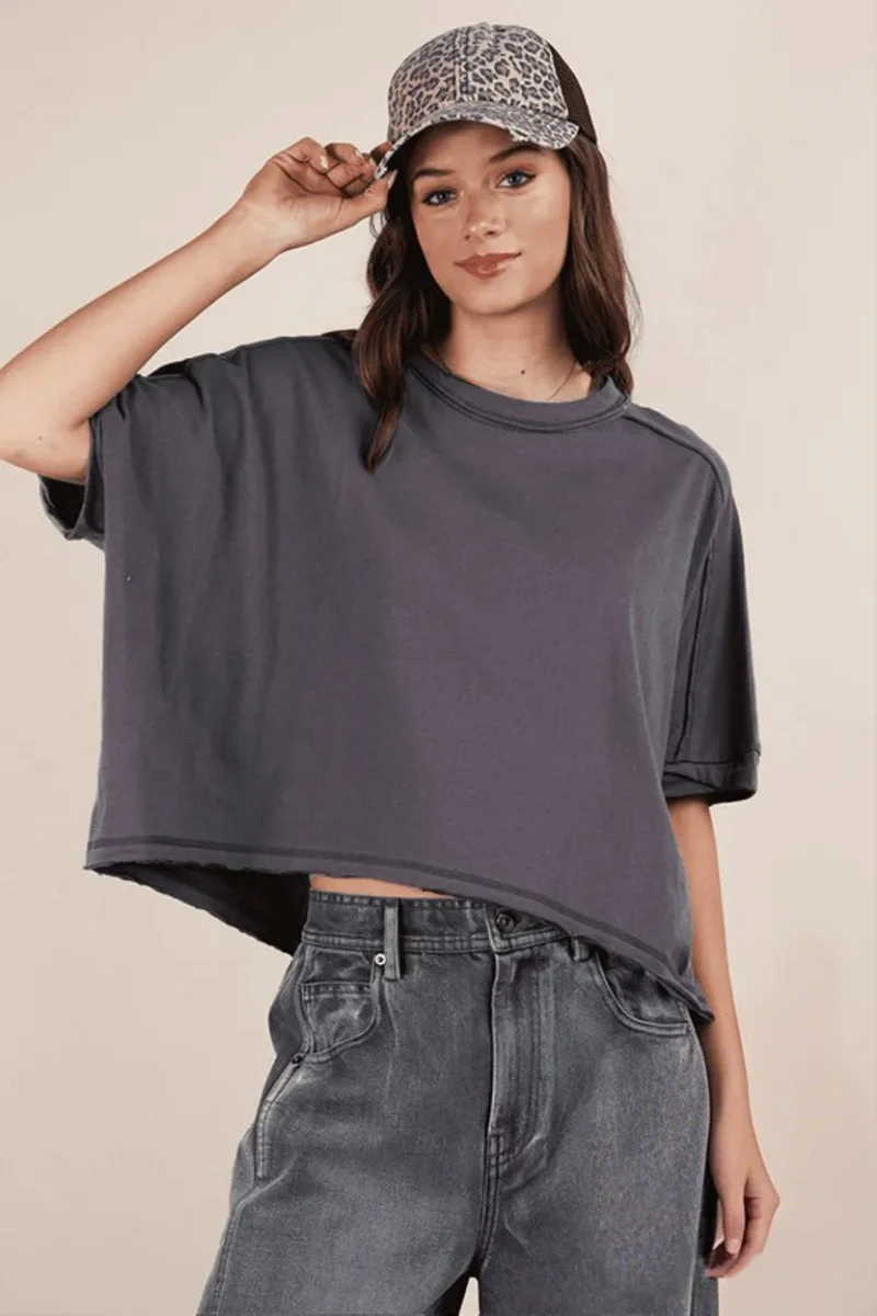 Round Neck Short Sleeve T-Shirt - Charcoal