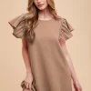 Round Neckline Ruffle Sleeve Relaxed Knit Dress - Latte