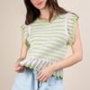 Ruffle Detail Striped Knit Sweater Top - Lime