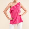 Ruffle One Shoulder Sleeveless Tank Top - Magenta