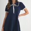 Ruffle Trimmed Collar Fine Knit Mini Dress - Navy