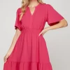 Ruffled Hem Notched Flutter Sleeve Mini Dress - Strawberry