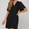 Ruffled Surplice Short Flutter Sleeve Mini Dress - Black
