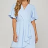 Ruffled Surplice Short Flutter Sleeve Mini Dress - Light Blue
