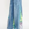 Sage + Fig Raw Hem Paisley Print Side Wide Leg Jeans - Medium