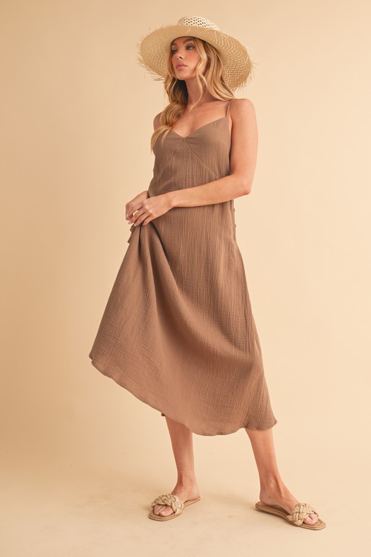 Side-Button-Midi-Cami-Dress-Mocha Side Button Midi Cami Dress - Mocha