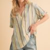 Side Slit Striped Short Sleeve Blouse - Blue Green