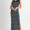 Sleeveless Stripe Sweater Maxi Side Slit Dress - Navy