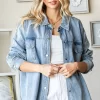 Smile Face Button Down Raw Hem Denim Jacket - Denim