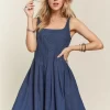 Smocked Back Square Neck Denim Dress - Denim Blue