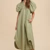 Smocked Puff Sleeve Midi Dress - Desert Sage