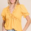 Solid Ruffled Deep V-Neck Puff Sleeve Babydoll Top - Mango
