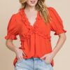 Solid Ruffled Deep V-Neck Puff Sleeve Babydoll Top - Orange