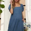 Square Neck Puff Sleeve Denim Dress -  Peacock  Blue